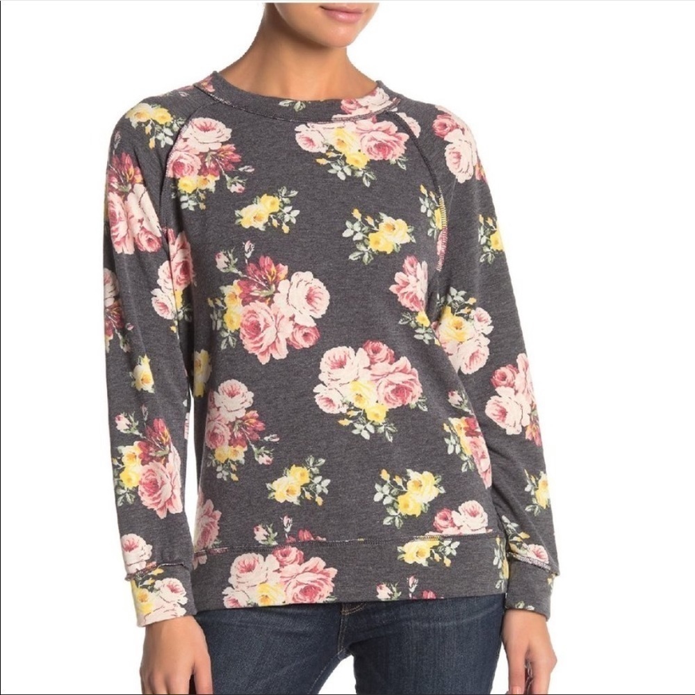 Caslon Floral Print Knit Pullover Green Sweater XS